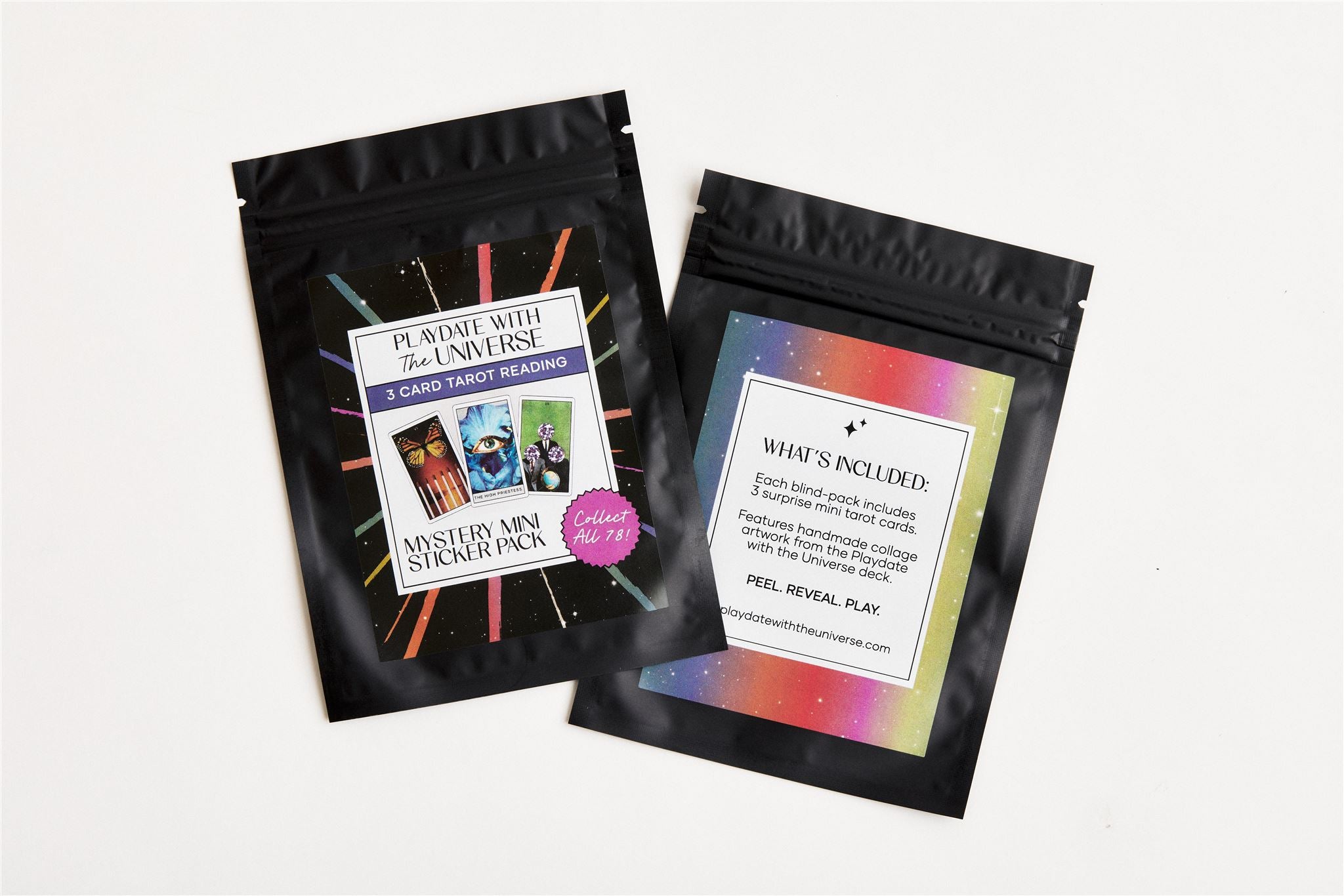 Packaging details for sticker pack on white surface
