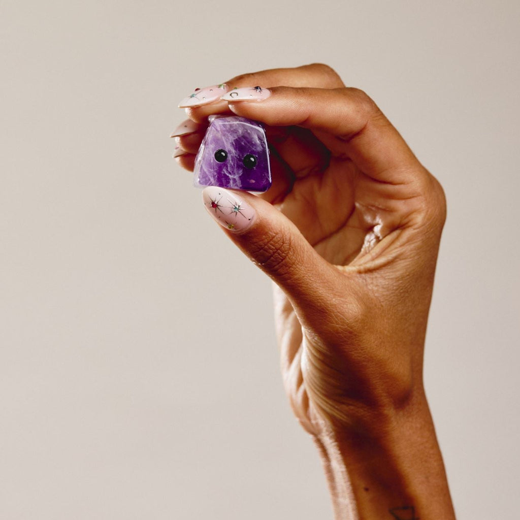 hand holding crystal pet rock