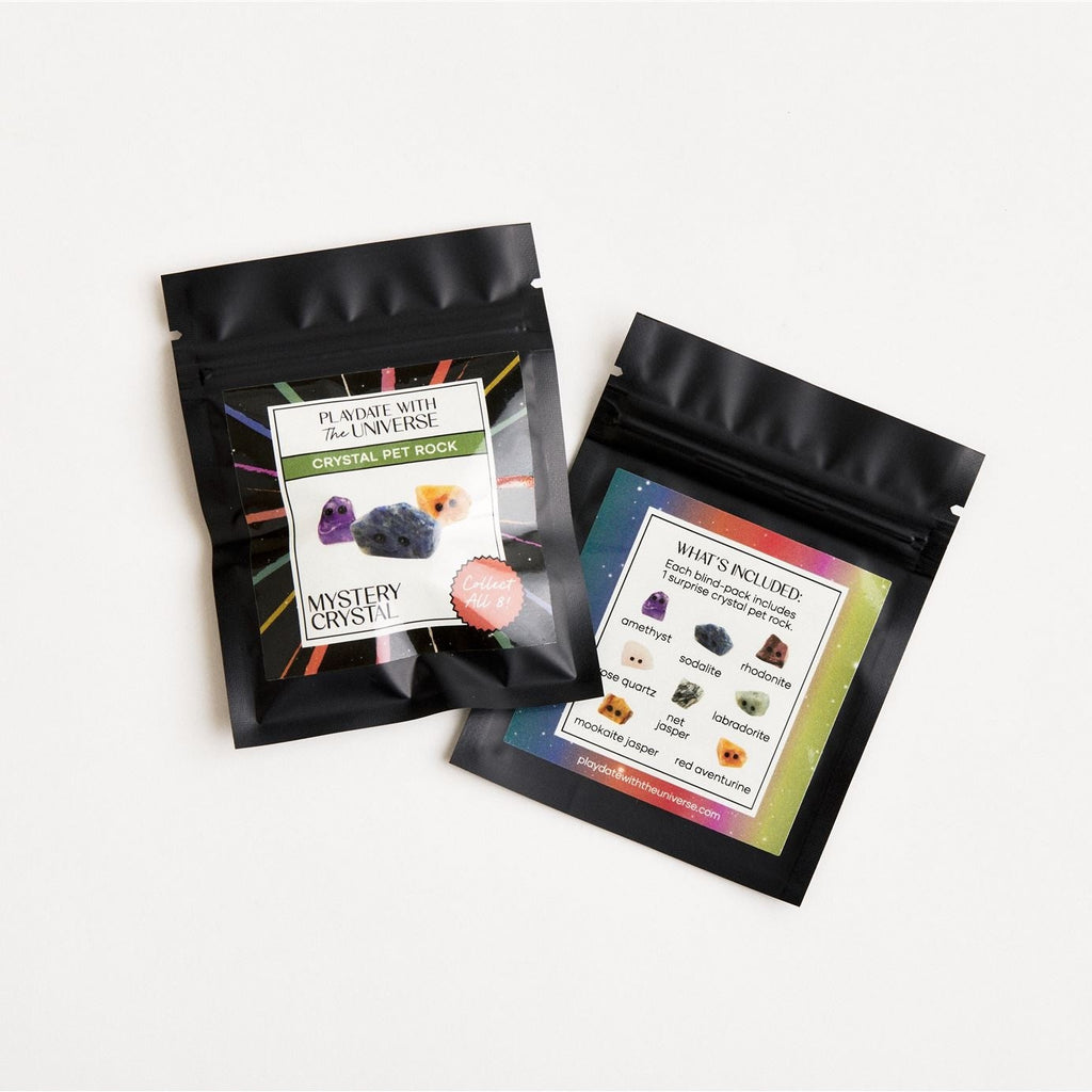 packaging for mystery crystal pet rock on white surface