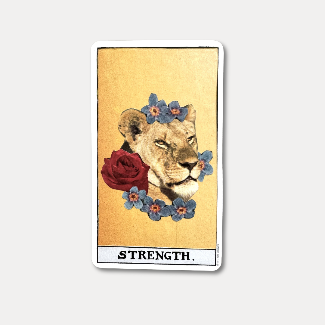Card featuring a lioness with flowers and a rose, labeled 'Strength', on a beige background.