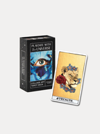 Collage Art Tarot Deck with 'Strength' card and box on a white background