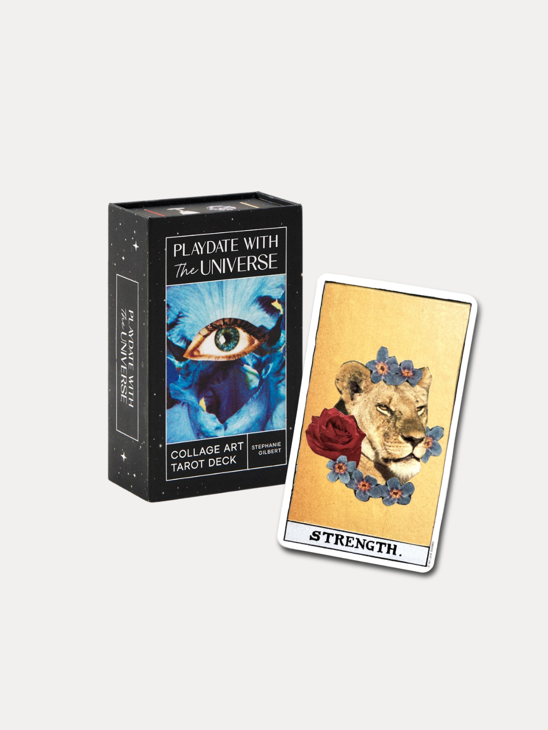 Collage Art Tarot Deck with 'Strength' card and box on a white background